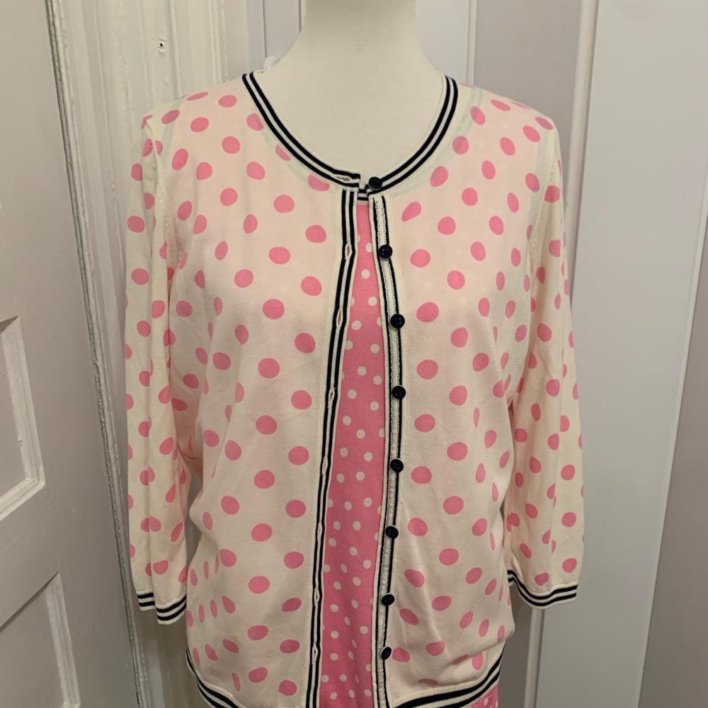 Talbots Cream Cardigan with Pink Polka Dots and Black Trim